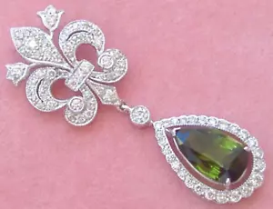 EDWARDIAN STYLE 4.2ct GREEN TOURMALINE 1.15ctw DIAMOND FLEUR DE LIS DROP PENDANT - Picture 1 of 12