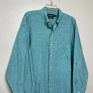 Polo Ralph Lauren Shirt Mens XL Green Striped Linen Ramie Blend Long Sleeve - Picture 1 of 17