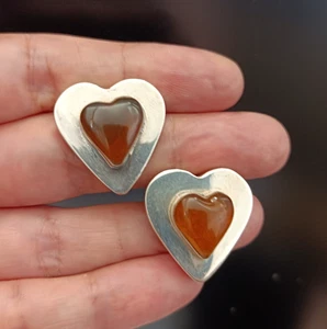 Vintage Silber Herz Bernstein Ohrringe Puffy Ohrstecker Modernist Minimalist Kühn Grob - Bild 1 von 10