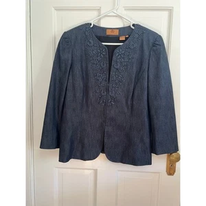 Dana Buchman Denim 3D Embroidered Flower Jacket Jean Women's 10 Hook and Eye - Picture 1 of 11