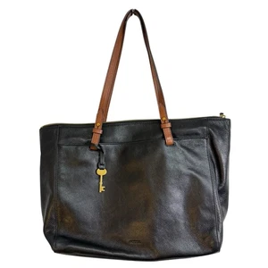 FOSSIL  Cow Hide Leather Tote Bag Black With Brown  Double Handles  12"×13"x3.75 - Picture 1 of 6