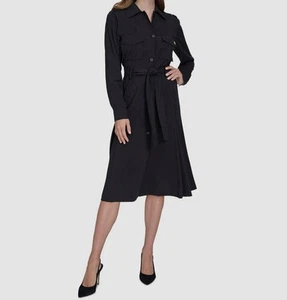 Halston Women's Black Button-Front Fit-Flare Trench Dress Size 10 - Picture 1 of 3