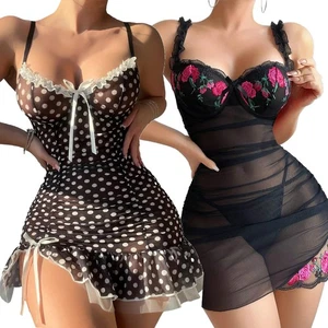 Sexy Spaghetti Strap Lingerie Donna Gonna Pizzo Pigiama Deep-V Vestito G-string - Foto 1 di 70