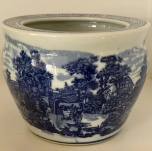 Antique Chinese Blue & White Porcelain Planter With Country Scene - Picture 1 of 10