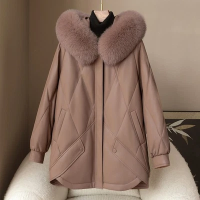 Genuine Leather Down Jacket Real Fox Fur Collar Womens Casual Goose Down Jacket - Image 1 of 4