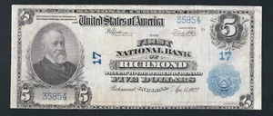 RARE FIRST NATIONAL BANK RICHMOND INDIANA 1902 $5, CHARTER # 17 - Picture 1 of 2