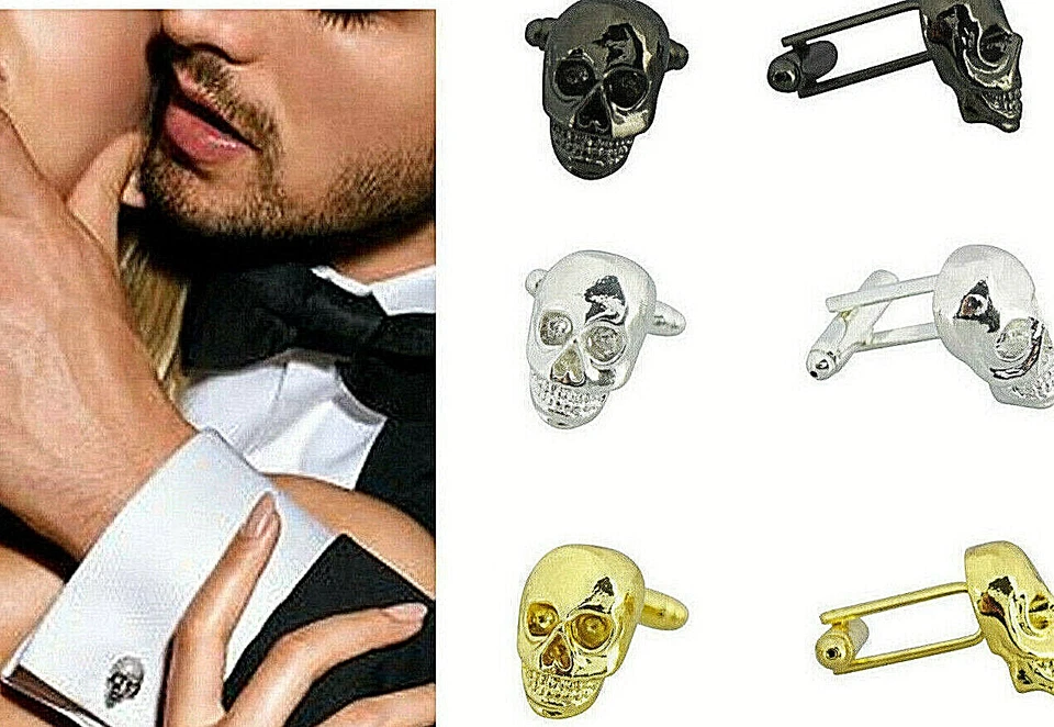Uomo 3D Gemelli Paio Set Argento Oro Teschio Matrimonio Gemelli Natale Regalo UK - Immagine 1 di 1