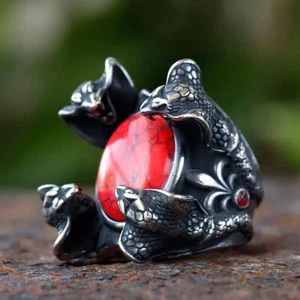 Stainless Steel Four Snake Heads and Red Zircon Retro Biker Turkish Punk Ring - Picture 1 of 8