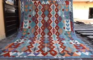 Blue Flatweave Afghan Area Kilim Rug 7x10 Red Geometric Persian Wool Tribal Rug - Picture 1 of 10