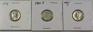 Lot of Three (3) Mercury Dimes, 1941 P-D-S, P & S are AU - D is XF - Bild 1 von 7