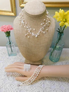 Freshwater Pearl Set Micro Beaded Multi Strand Necklace, Bracelet and Earrings - Picture 1 of 9