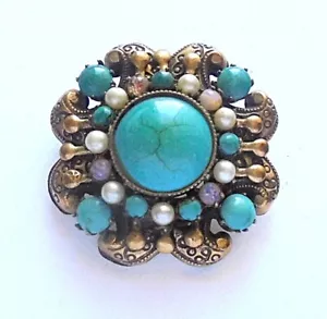 Vintage ORIGINAL BY ROBERT Faux Turquoise Opal and Pearl Brooch Pendant - Picture 1 of 3