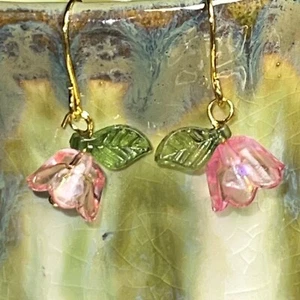 Gold Tone French Hook Blush Pink Floral Dangle Earrings Artisan. Flowers. S550 - Picture 1 of 3