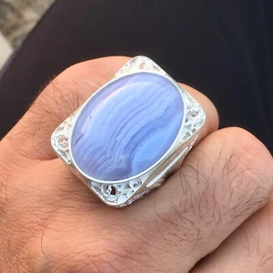 Sterling Silver Mens Ring Blue Lace Agate Big Turkish Artisan Statement Jewelry - Picture 1 of 8