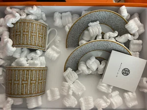 HERMES Tea Cup Saucer Mosaique Tableware 2 set Gold Dinnerware Coffee New - Picture 1 of 2