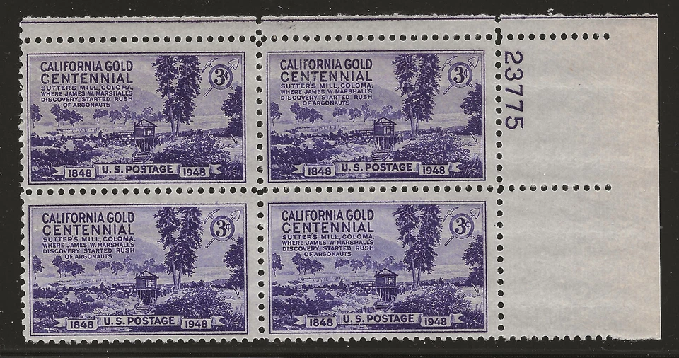 US Scott #954, Plate Block #23775 1948 California Gold 3c FVF MNH Upper Right - Image 1 of 1