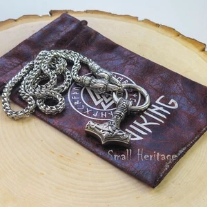 Viking Ravens Necklace Stainless Steel Hammer Mjolnir Pendant Huginn and Muninn - Picture 1 of 5