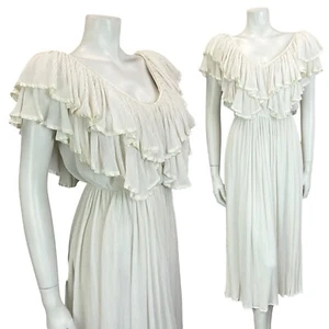 VTG 70S IVORY WHITE BRIDAL BOHO SATIN GRECO ROMAN RUFFLE BLOUSON MIDI DRESS 8 - Picture 1 of 10