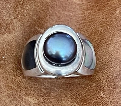 Honora 925 Cultivado Agua Dulce Botón Perla Negra, Fregona Negra Incrustaciones Anillo Talla 6 Foto 1 de 4