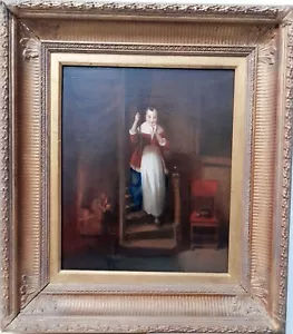 Fine Antique 18th / 19th Century Oil on Canvas Portrait of girl on spiral stairs - Picture 1 of 7