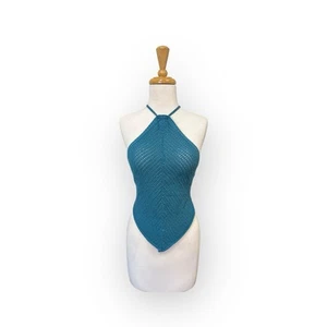 Free People Beach June Fauxchet Open Knit Halter Top Size L Large Blue - Picture 1 of 6