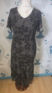 Elegant Black Brown Floral Bias Cut Dipped Hem Maxi Dress, Roman Originals 18 - Picture 1 of 4
