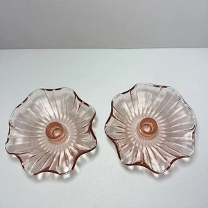 Vintage Set Of 2 Pink Depression Glass Candle Holders Ribbed With Ruffled Rims - Picture 1 of 6