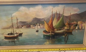 Vintage Oil on Canvas Sailboats on Lake Lugano Coastal Scene Signd H. F. Borton - Picture 1 of 16