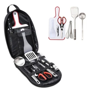 9Piece Camping Cookware Set Organizer Grill Accessories Tongs, Scissors, Bag - Picture 1 of 9