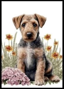 TARJETA NOTA DE FELICITACIÓN AIREDALE TERRIER ENCANTADOR CACHORRO PERRO Y FLORES - Imagen 1 de 1