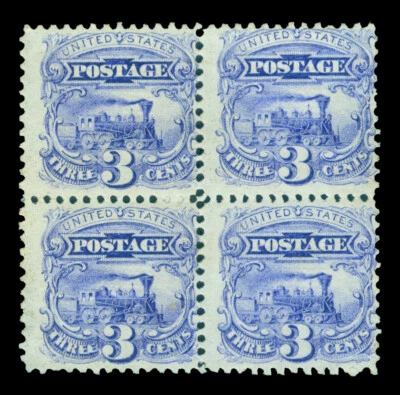 US 1869 PICTORIALS - Locomotive  3c ultramarine  Scott# 114 mint MH BLOCK of 4 - Image 1 of 2