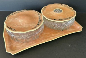 Vintage Waschtisch Kommode Set Haarempfänger Puderdose Tablett Rosa Zelluloid Art Deco - Bild 1 von 14