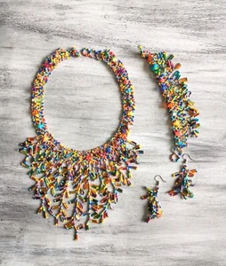 Samen Perlen Halskette, Armband & Ohrringe Set mehrfarbig Fransen Choker Huichol Kunst - Bild 1 von 5