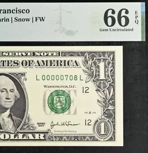 2003A $1 Federal Reserve Note PMG 66EPQ wanted low serial number birthday 708 - Picture 1 of 3