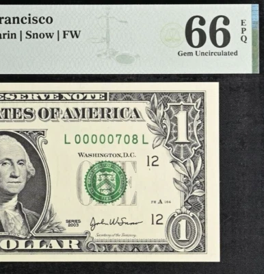2003A $1 Federal Reserve Note PMG 66EPQ wanted low serial number birthday 708 - Image 1 of 3