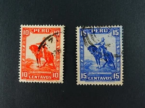 2 Peru Postage Stamps Famous Conquistador Pissarro on Horse 1934, PE 319, PE 320 - Picture 1 of 2