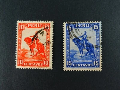 2 Peru Postage Stamps Famous Conquistador Pissarro on Horse 1934, PE 319, PE 320 - Image 1 of 2
