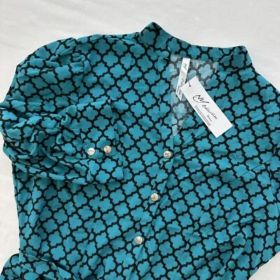 NY Collection Women's 3/4 Rouched Sleeve Shirt Dress Size 2X Blue Geometric NWT - Image 1 of 4