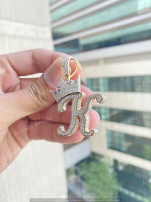 1.75 CT Round Moissanite Crown Initial "K" Pendant Charm 14K Yellow Gold Plated - Image 1 of 4