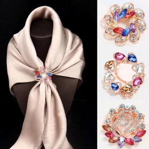 Women Round Circle Silk Scarf Ring Pin Brooch Buckle Rhinestone T-Shirt Clip - Picture 1 of 36