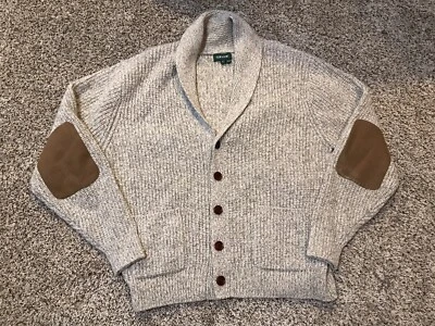 Mens L Orvis Tan Cable Knit Wool Blend Patch Pocket Cardigan Sweater - Image 1 of 3