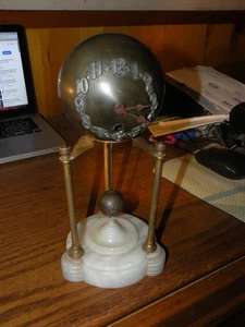Antique Junghams Art Nouveau Mantle Clock Brass Sphere Alabaster Base Steampunk - Picture 1 of 14