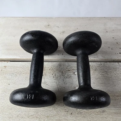 Vintage Pair Of 12lb bun dumbbell Weights. Unbranded York Style Good Shape - Image 1 of 4