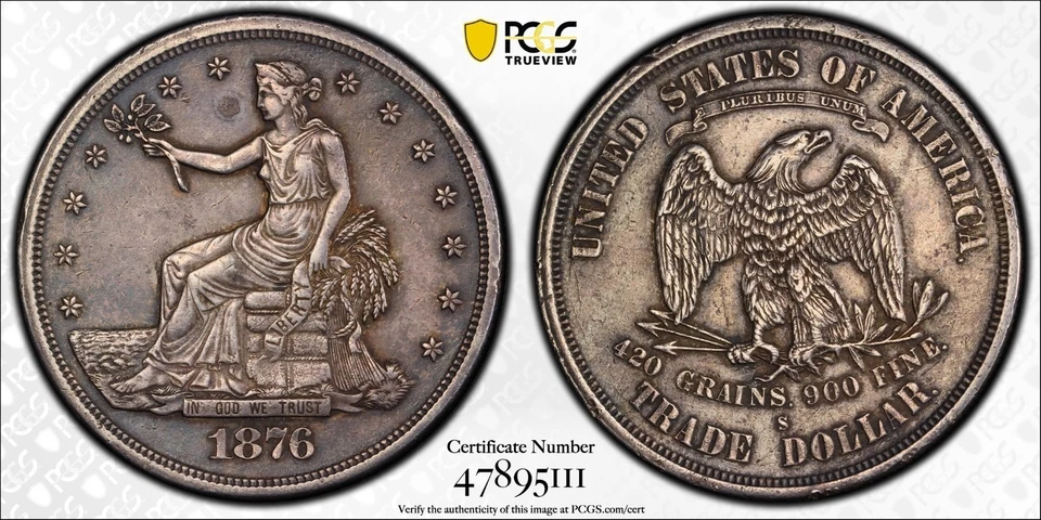 Trade Dollar 1876 S - Dettagli PCGS XF. Bella moneta d'argento. - Immagine 1 di 4