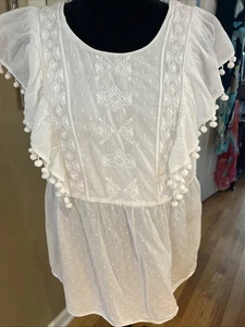 LILLY PULITZER $108 Resort White Raquelle Swiss Dot Dobby Top pom poms sz L - Picture 1 of 12