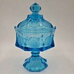 Fostoria Wedding Bowl with Lid Blue Glass Coin Medallion Covered Pedestal Dish - Picture 1 of 16