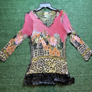 NEW alberto makali 90s Floral Micro Pleat Blouse Vintage Bloom Tiger Print SZ S - Picture 1 of 6