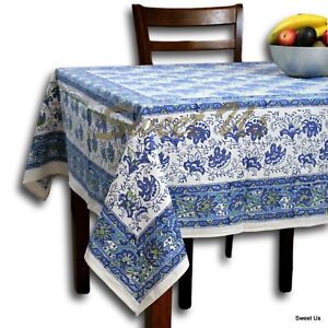 Cotton Block Print Lotus Flower Tablecloth for Rectangle Tables Blue Green 60x90