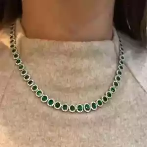 25Ct Halo Lab Created Emerald Gemstone Elegant Necklace 14k White Gold Over 17In - Picture 1 of 4