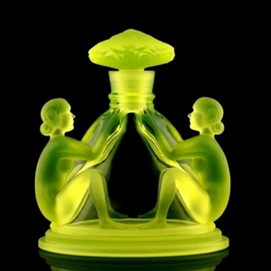 1930' H.Hoffmann Glamorous Art Deco Perfume Bottle Vaseline Uranium Glass - Picture 1 of 2